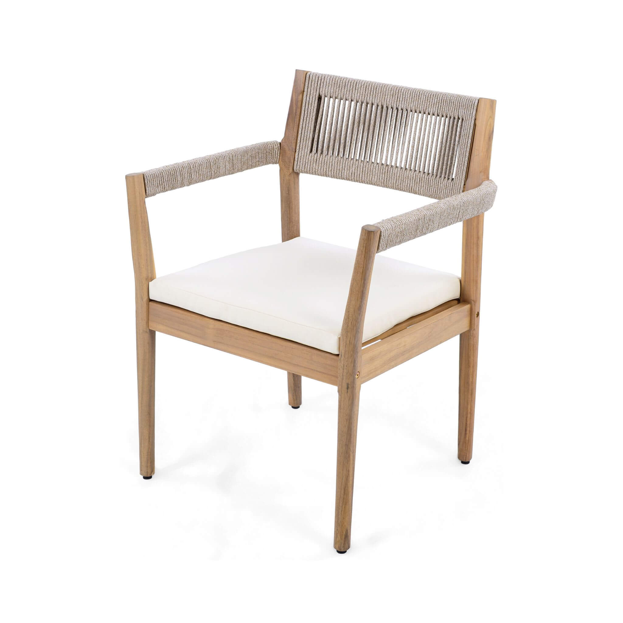 Side view of Alora premium outdoor acacia wood dining chair with cushion from 5-piece patio furniture set by SAKSBY WHOLESALE.