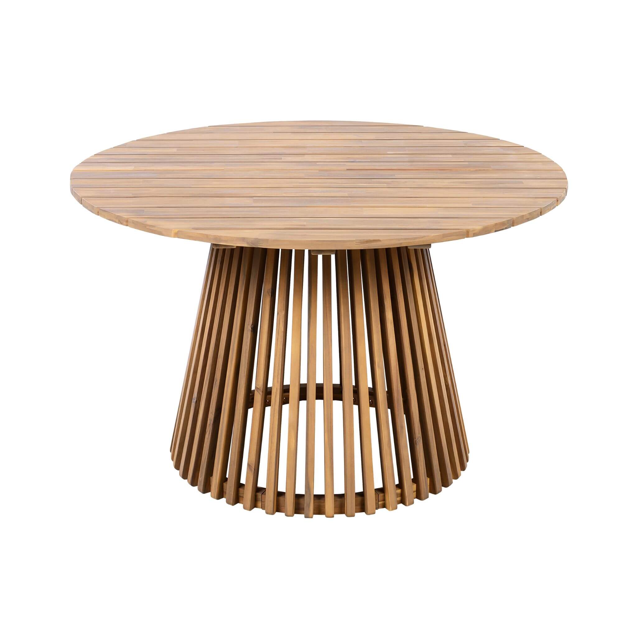 Alora 5-piece outdoor acacia wood furniture set with braided dining chairs and cushions on a white background.