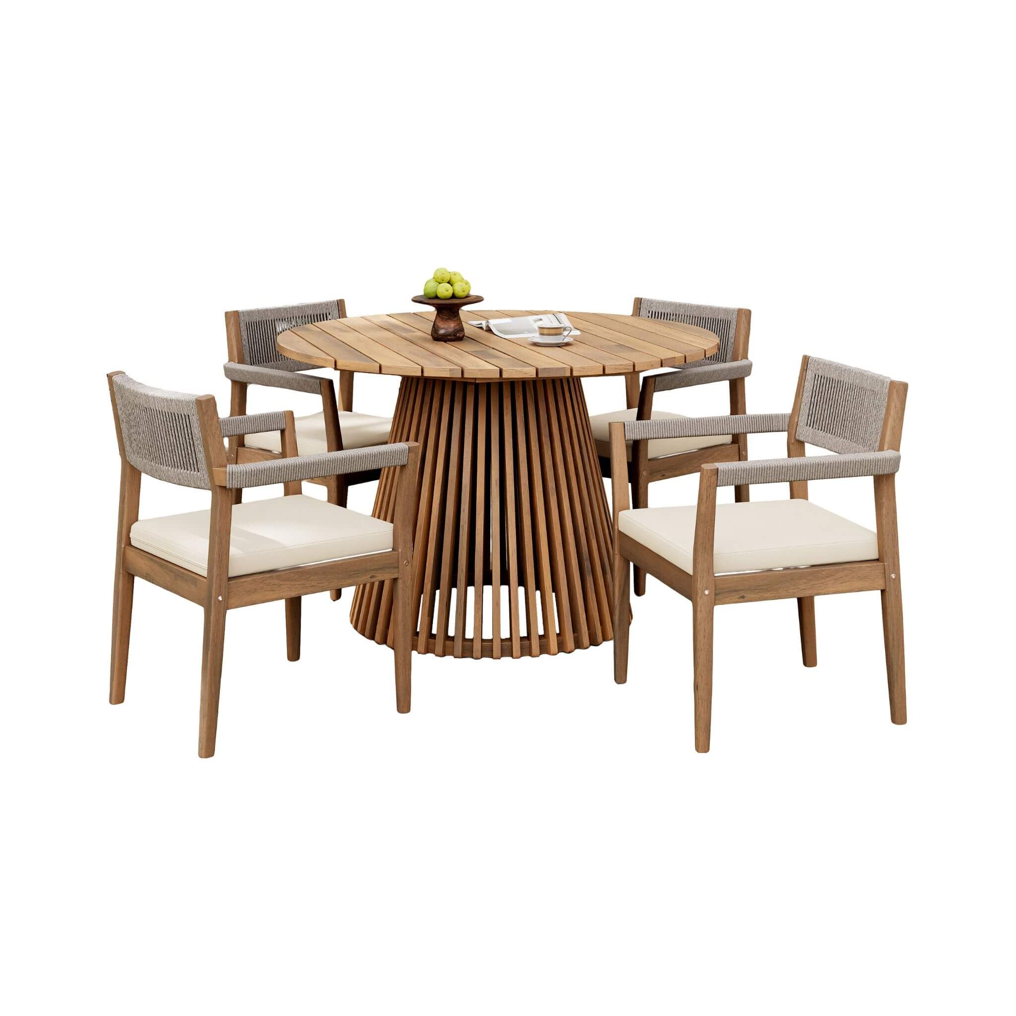 Five-piece outdoor acacia wood patio furniture set with braided dining chairs and cushions, displayed on a white background.