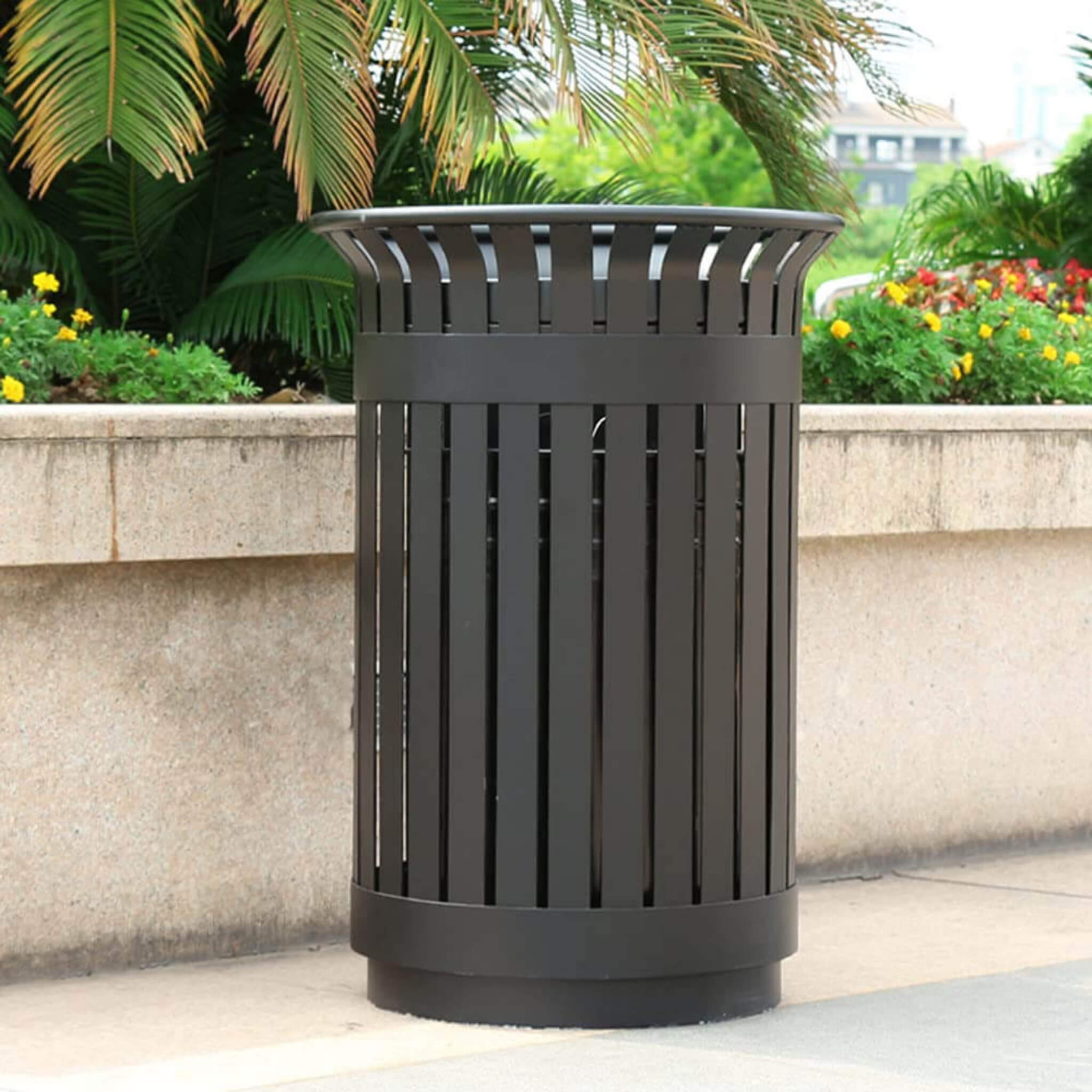 Premium heavy-duty extra large outdoor metal slat trash can in a lifestyle setting, brand SAKSBY WHOLESALE.