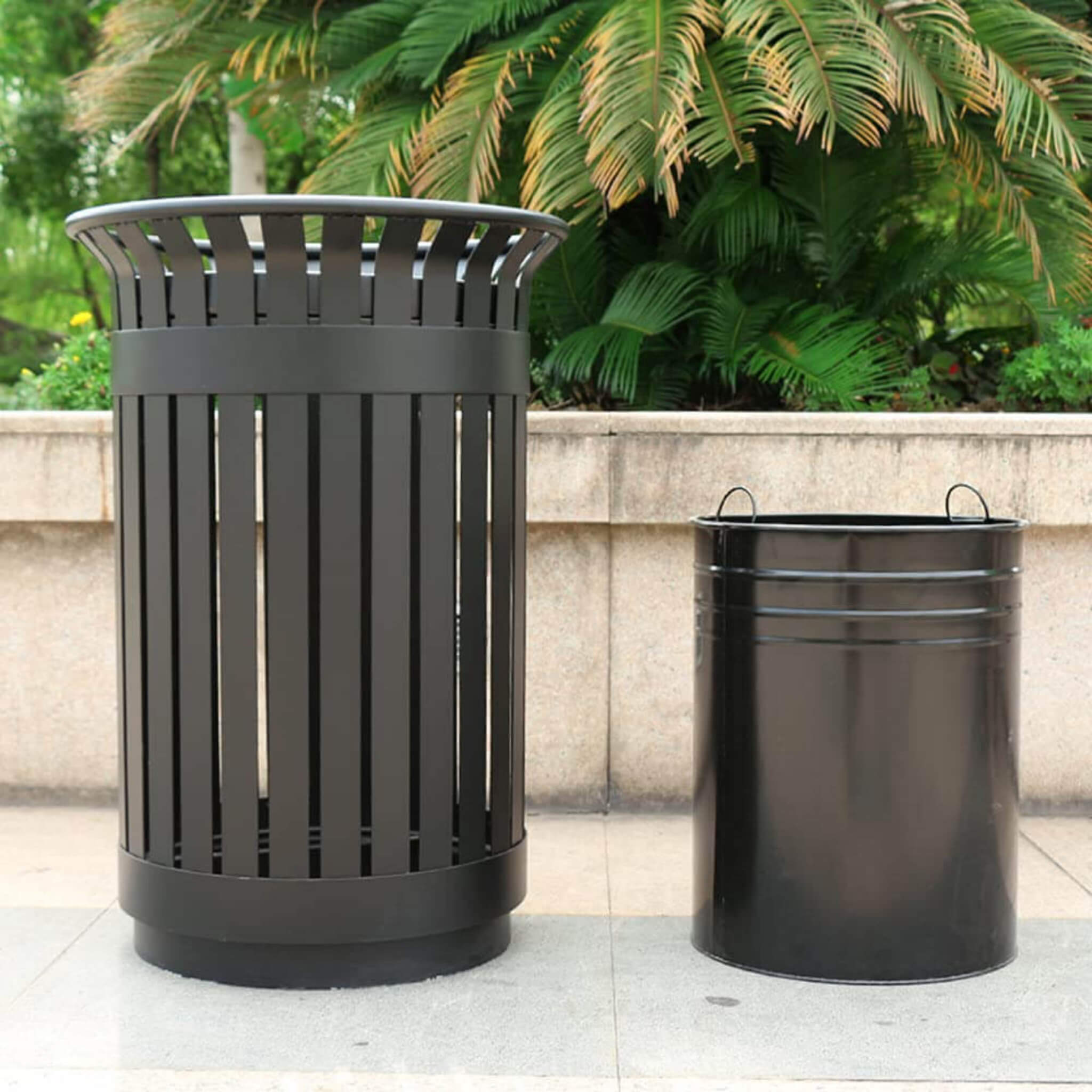 Side view of a premium heavy-duty extra large outdoor metal slat trash can by SAKSBY WHOLESALE.
