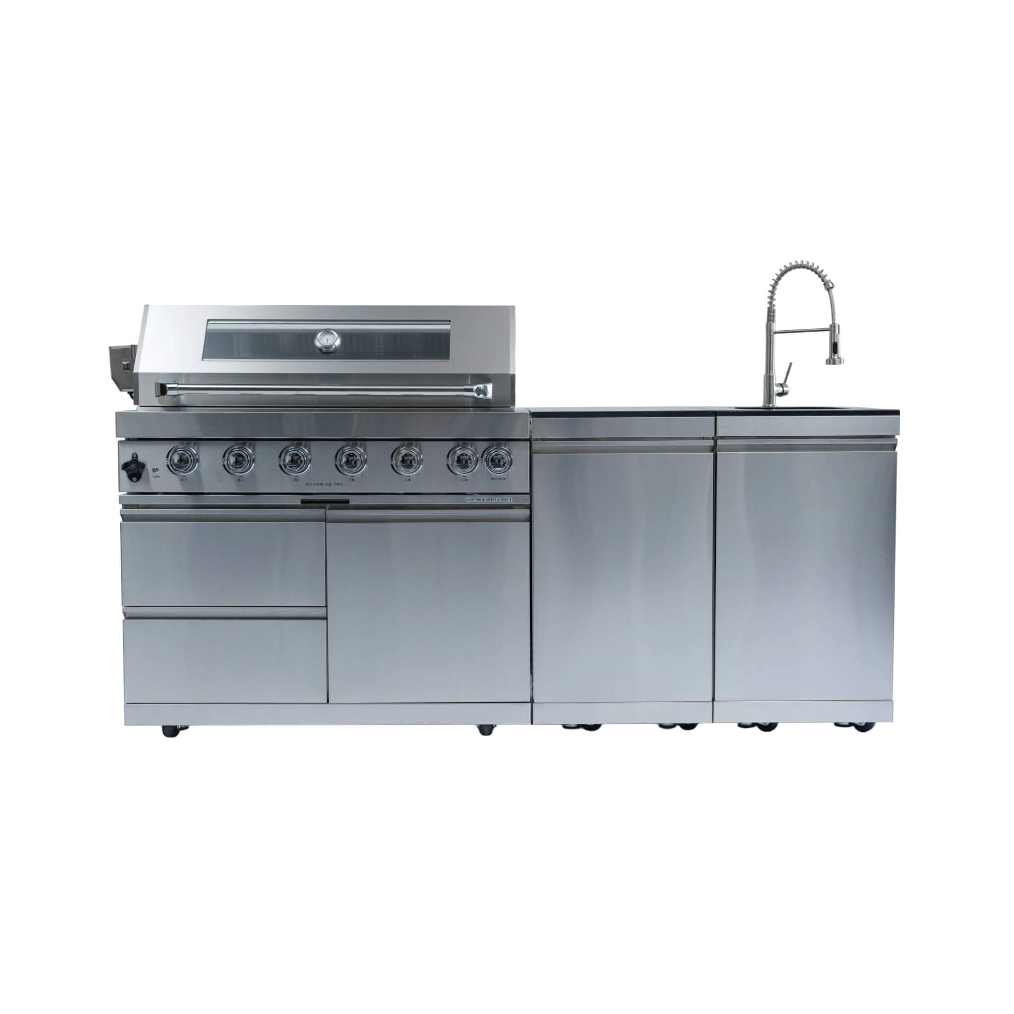Castelle Flame Outdoor BBQ Kitchen Island With 43-Inch 6-Burner 85K BTU Propane Gas Grill, Rotisserie Kit, And Storage Cabinets (SAK95623) - We The Collective