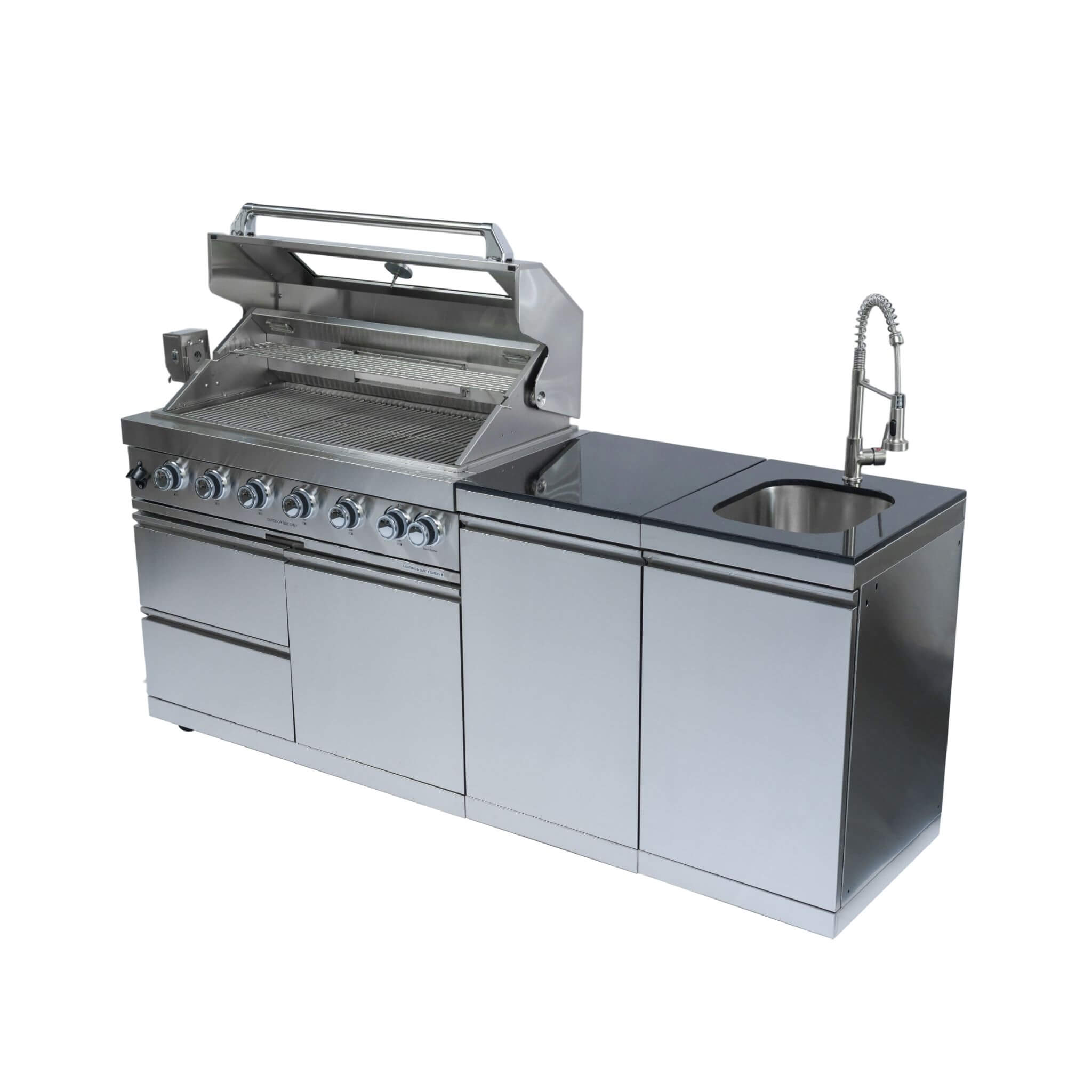 Castelle Flame Outdoor BBQ Kitchen Island With 43-Inch 6-Burner 85K BTU Propane Gas Grill, Rotisserie Kit, And Storage Cabinets (SAK95623) - We The Collective