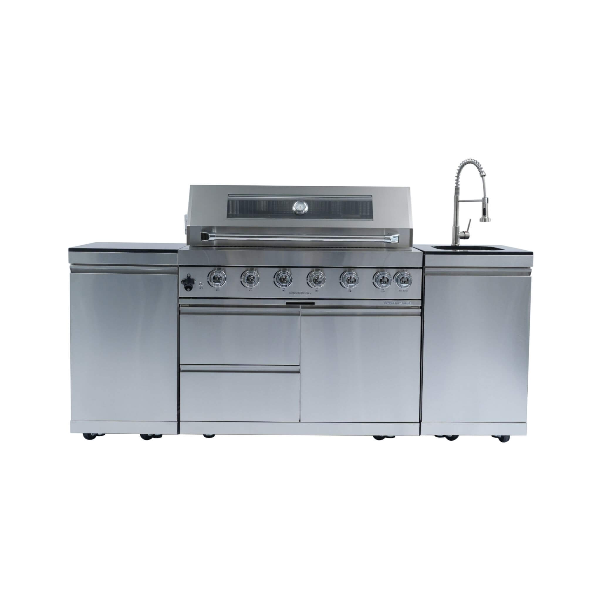 Castelle Flame Outdoor BBQ Kitchen Island With 43-Inch 6-Burner 85K BTU Propane Gas Grill, Rotisserie Kit, And Storage Cabinets (SAK95623) - We The Collective
