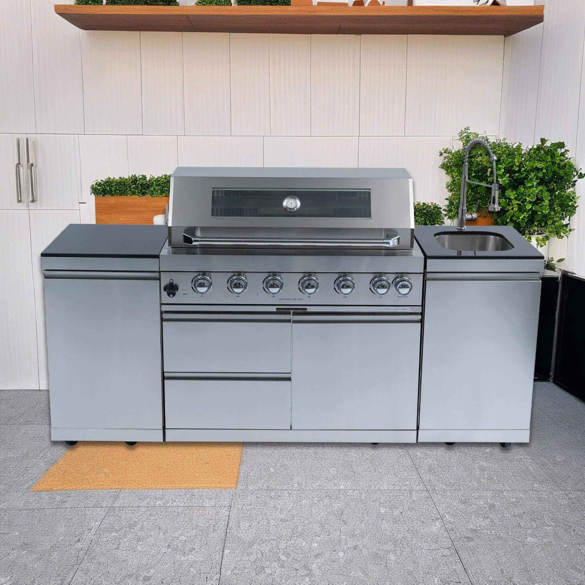 Castelle Flame Outdoor BBQ Kitchen Island With 43-Inch 6-Burner 85K BTU Propane Gas Grill, Rotisserie Kit, And Storage Cabinets (SAK95623) - We The Collective
