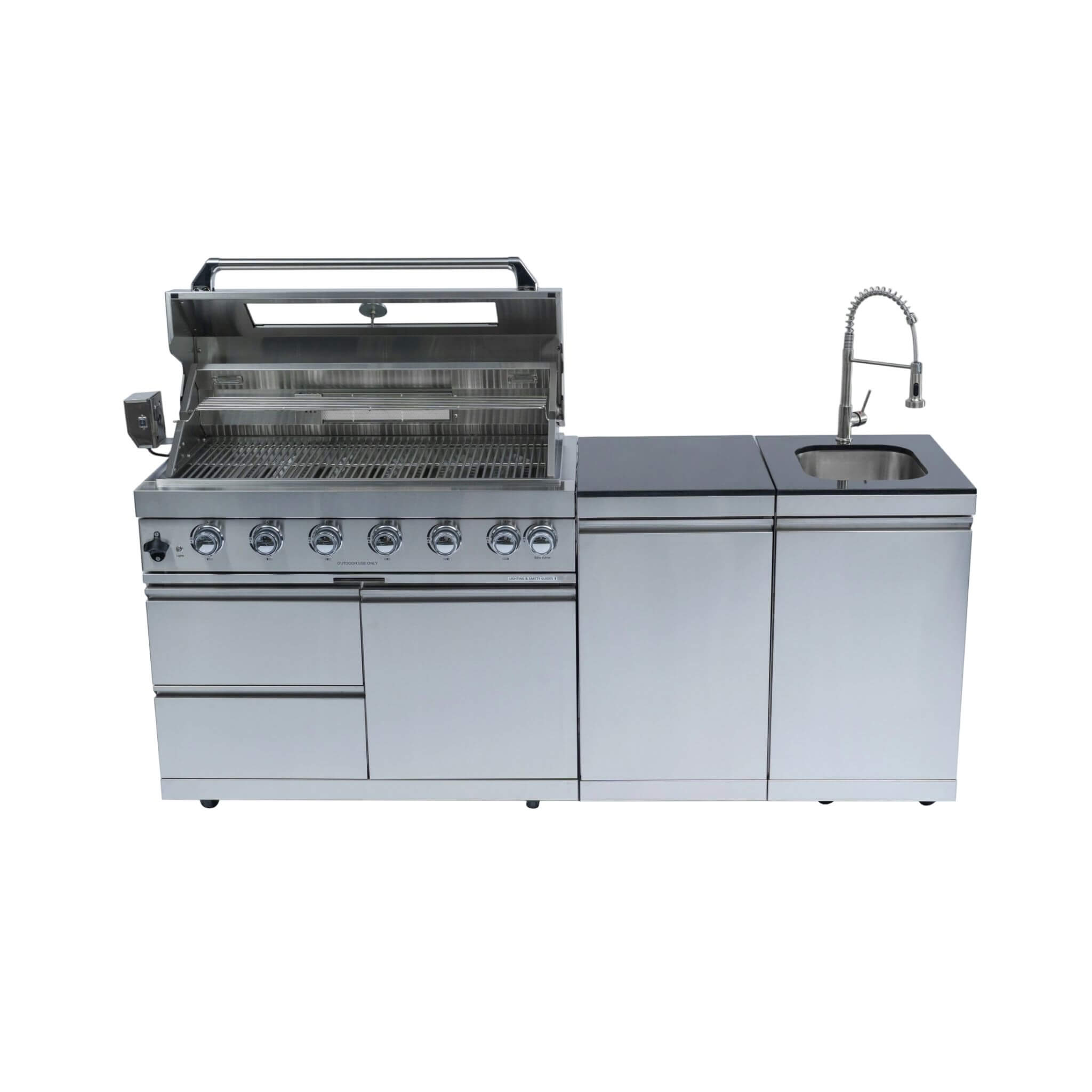 Castelle Flame Outdoor BBQ Kitchen Island With 43-Inch 6-Burner 85K BTU Propane Gas Grill, Rotisserie Kit, And Storage Cabinets (SAK95623) - We The Collective