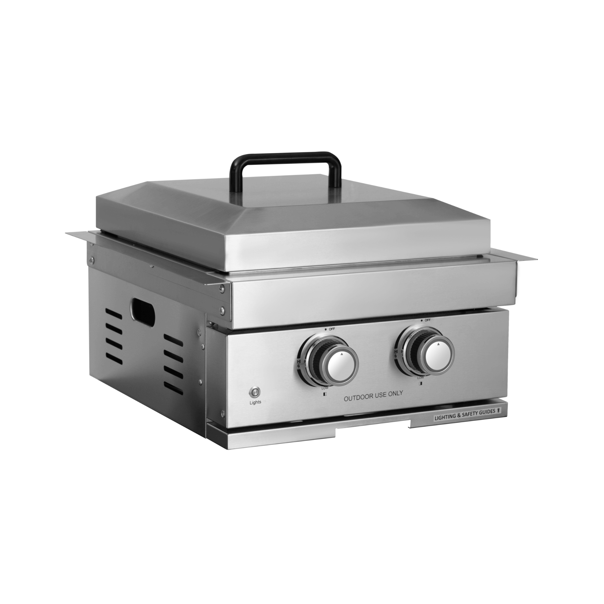 Premium outdoor kitchen with 32-inch stainless steel LPG gas grill, door, drawer, and ice box for outdoor cooking and grilling.