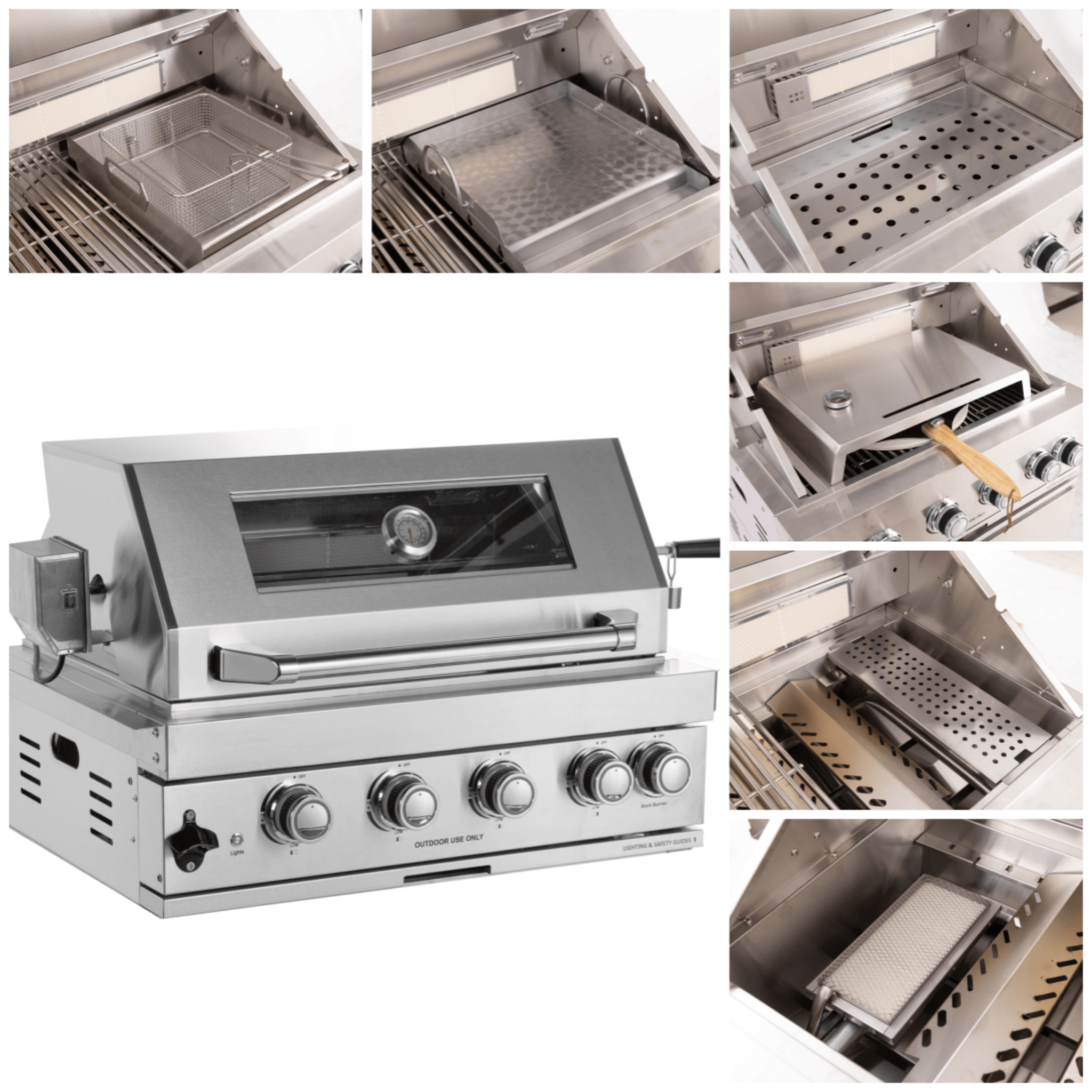 Outdoor kitchen with SAKSBY WHOLESALE 32-inch stainless steel LPG gas grill, door and drawer storage, and ice box.