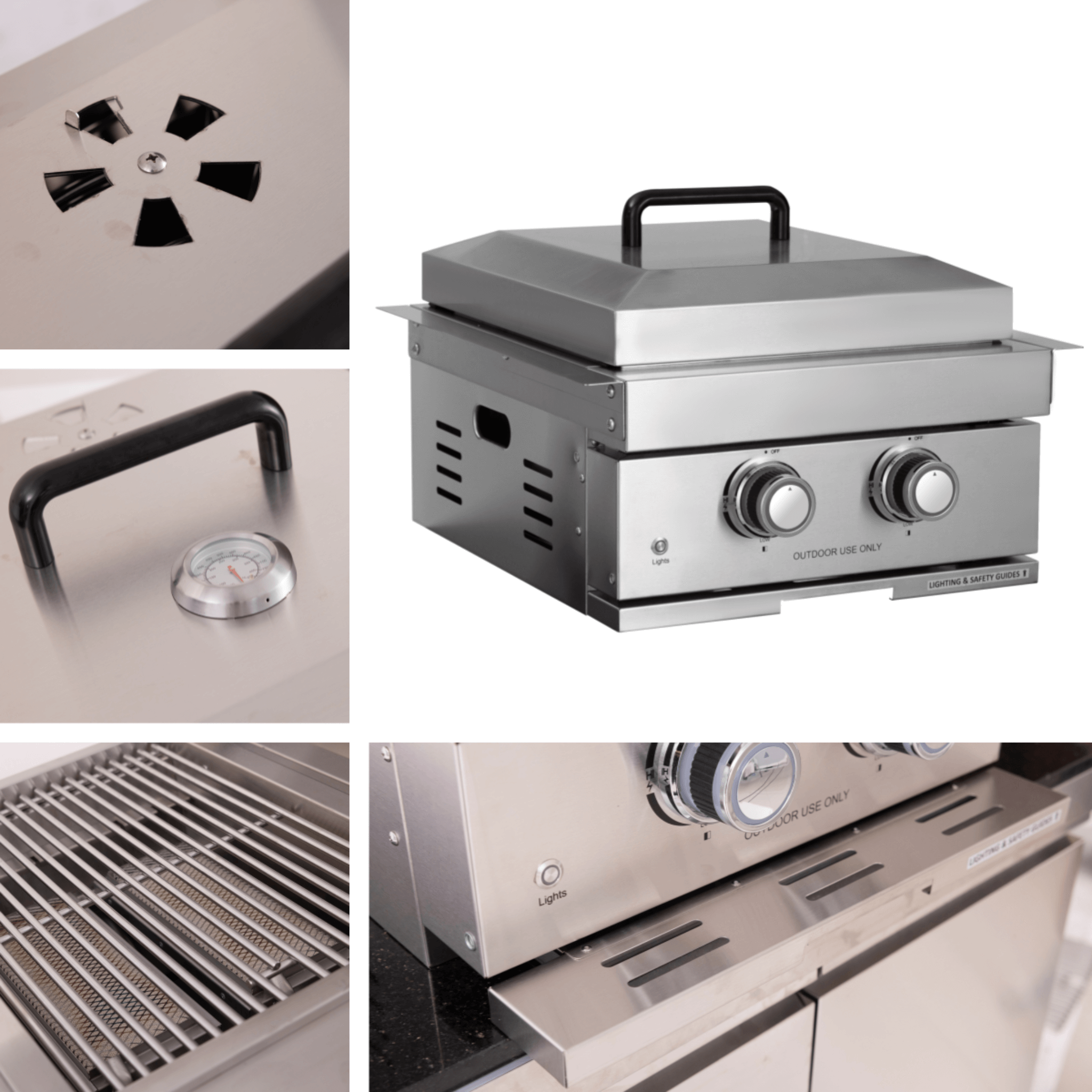 Outdoor kitchen with stainless steel 32-inch LP gas grill, door and drawer storage, and ice box for outdoor cooking.