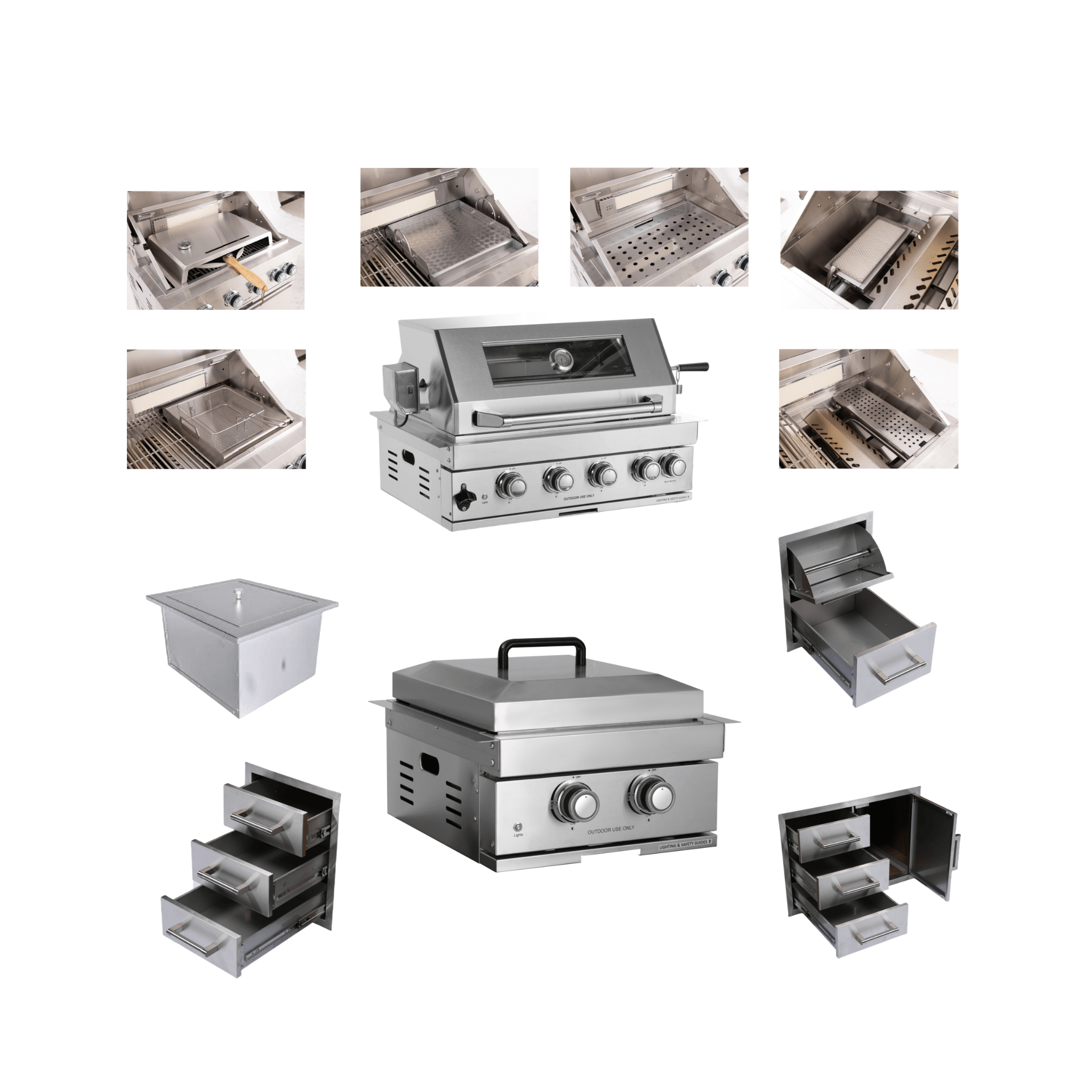 SAKSBY Wholesale outdoor kitchen featuring a 32-inch stainless steel LPG gas grill, door, drawer, and ice box.
