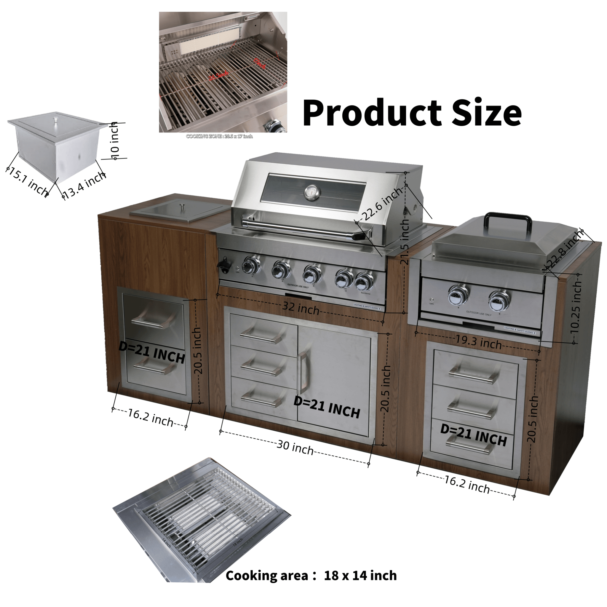 Outdoor kitchen with 32-inch SAKSBY WHOLESALE stainless steel gas grill, built-in ice box, door, and drawer for grilling and entertaining.