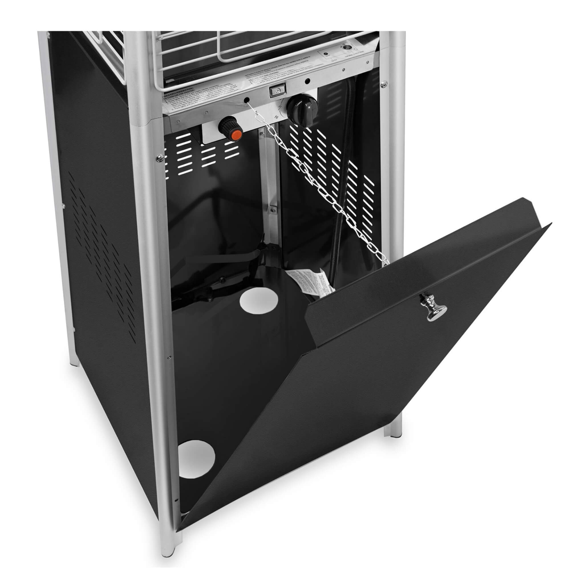 SAKSBY WHOLESALE outdoor pyramid propane gas patio heater with open door, 40K BTU, designed for outdoor heating and patio warmth.