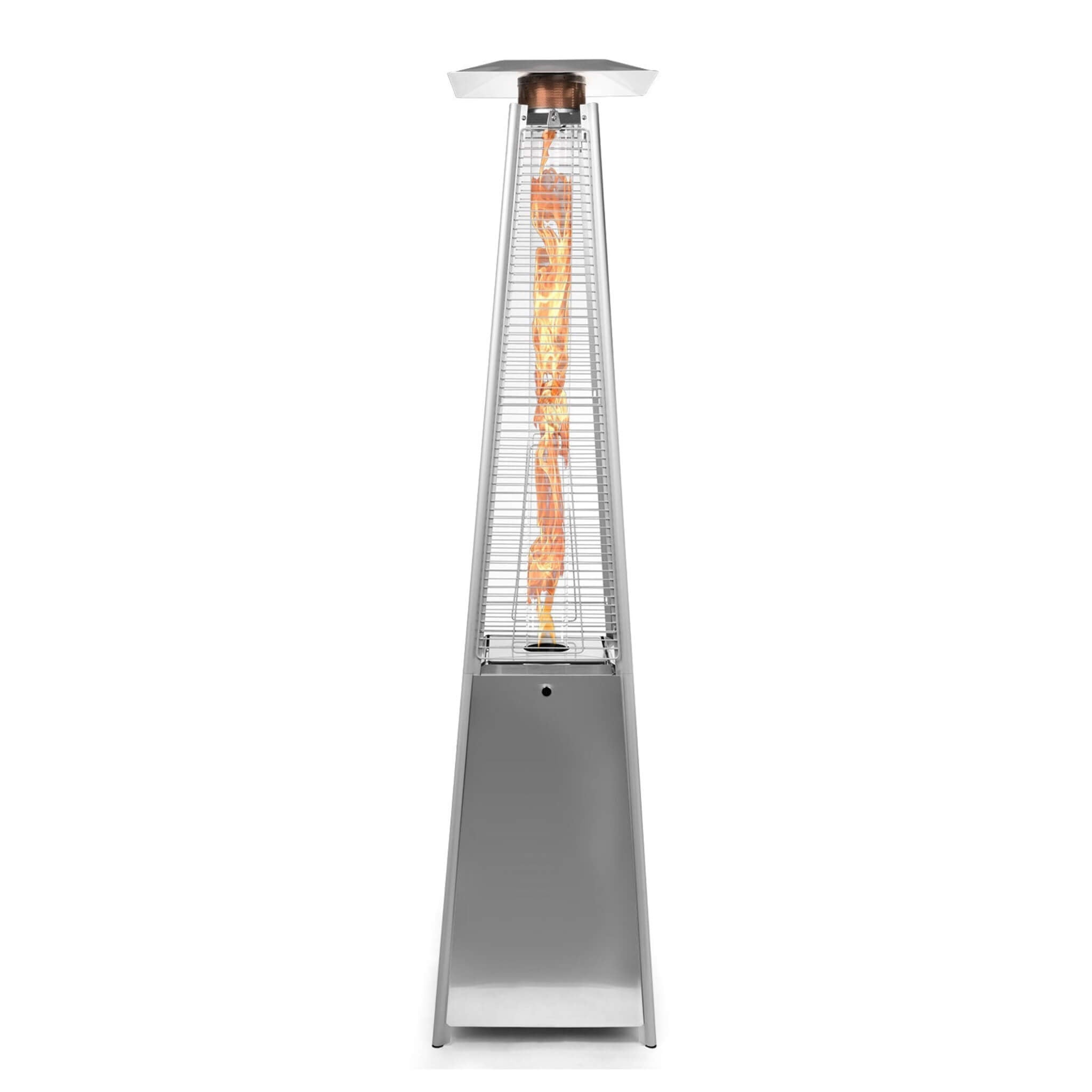 SAKSBY WHOLESALE outdoor pyramid propane gas patio heater with silver finish, 40,000 BTU, perfect for outdoor heating.