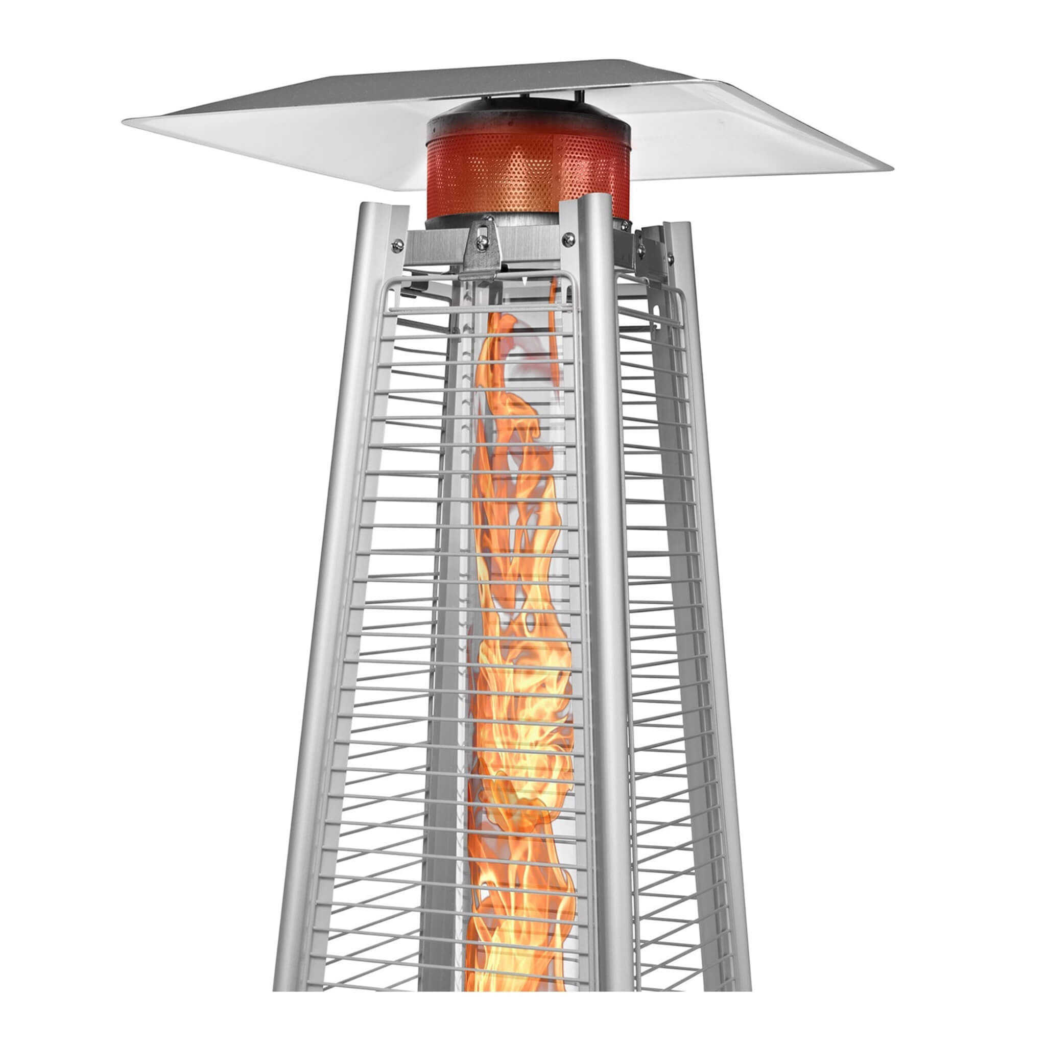 Outdoor pyramid propane patio heater with 40,000 BTU, SAKSBY WHOLESALE, shown from an up-close angle.