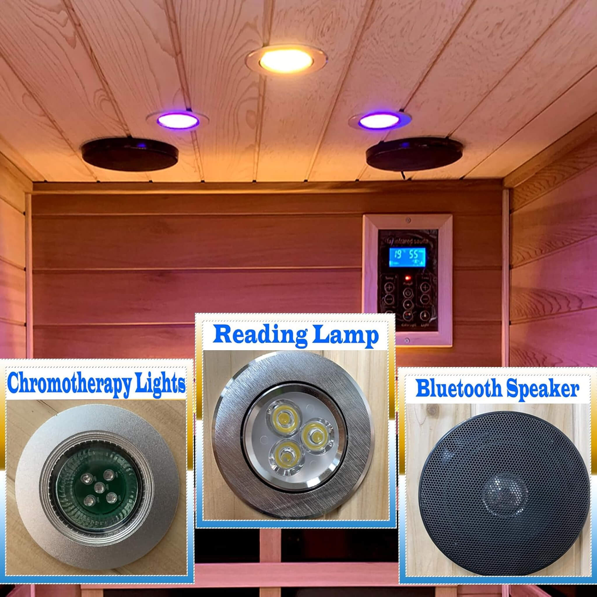 Indoor red cedar infrared sauna for one person with low EMF, chromotherapy lighting, Bluetooth speakers, and a sleek outdoor design.