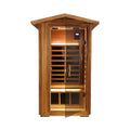 SAKSBY wholesale Thermora Xyra Premium 1-person outdoor red cedar infrared sauna with glass door open, chromotherapy and Bluetooth features