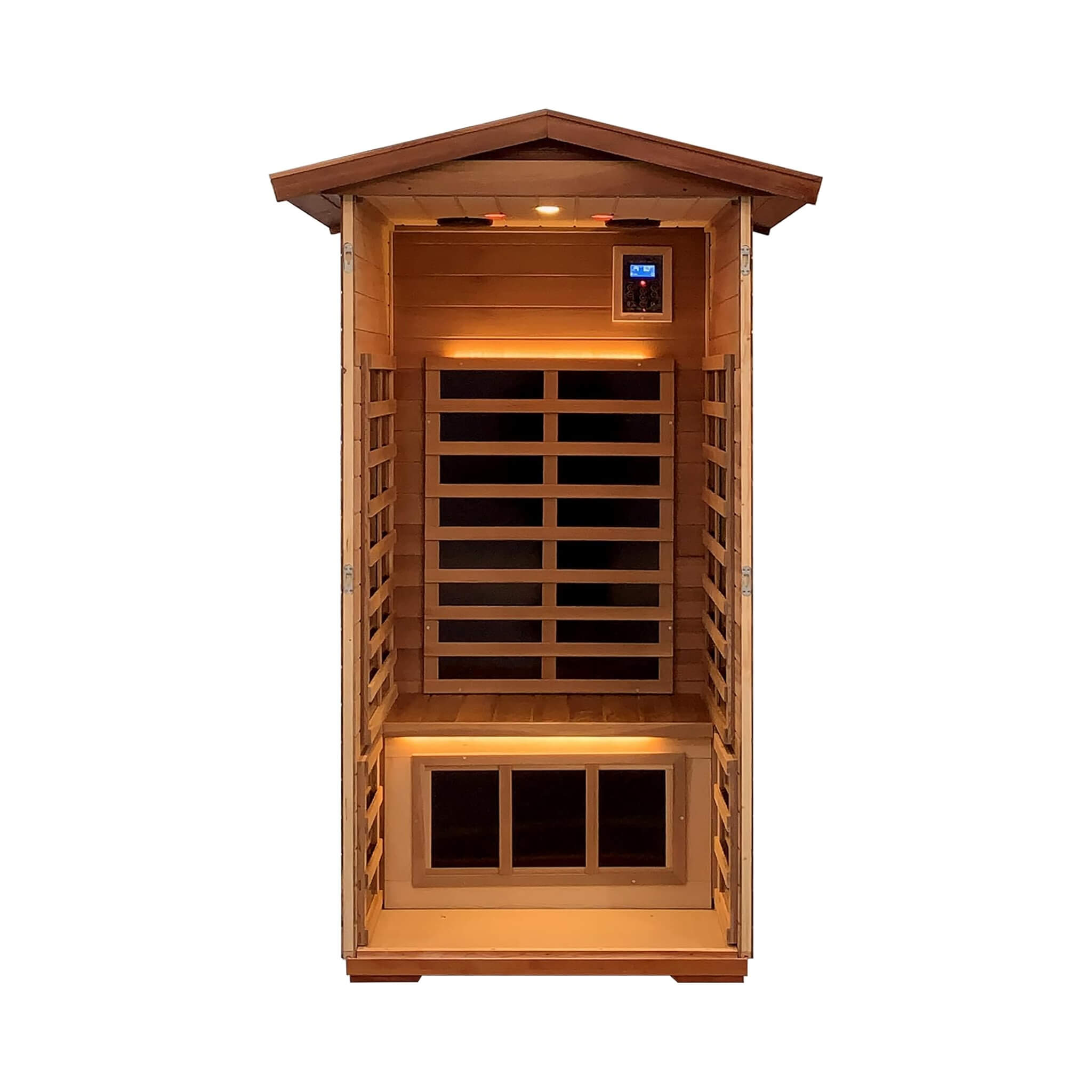 Interior view of Thermora Xyra Premium 1-Person Outdoor Red Cedar Infrared Sauna with chromotherapy and Bluetooth controls.