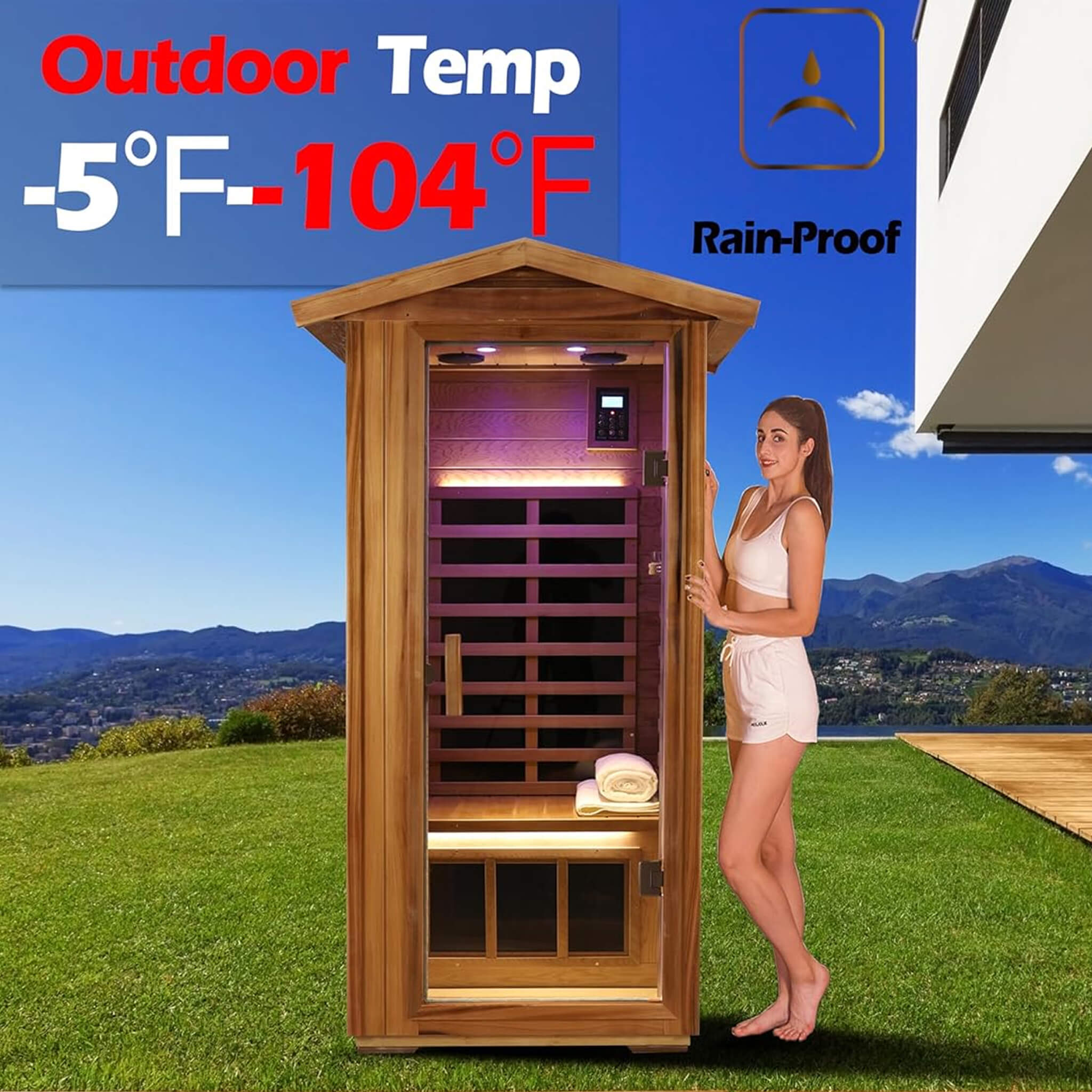 Thermora Xyra Premium 1-Person Outdoor Infrared Sauna in red cedar with chromotherapy, Bluetooth, and low EMF features.