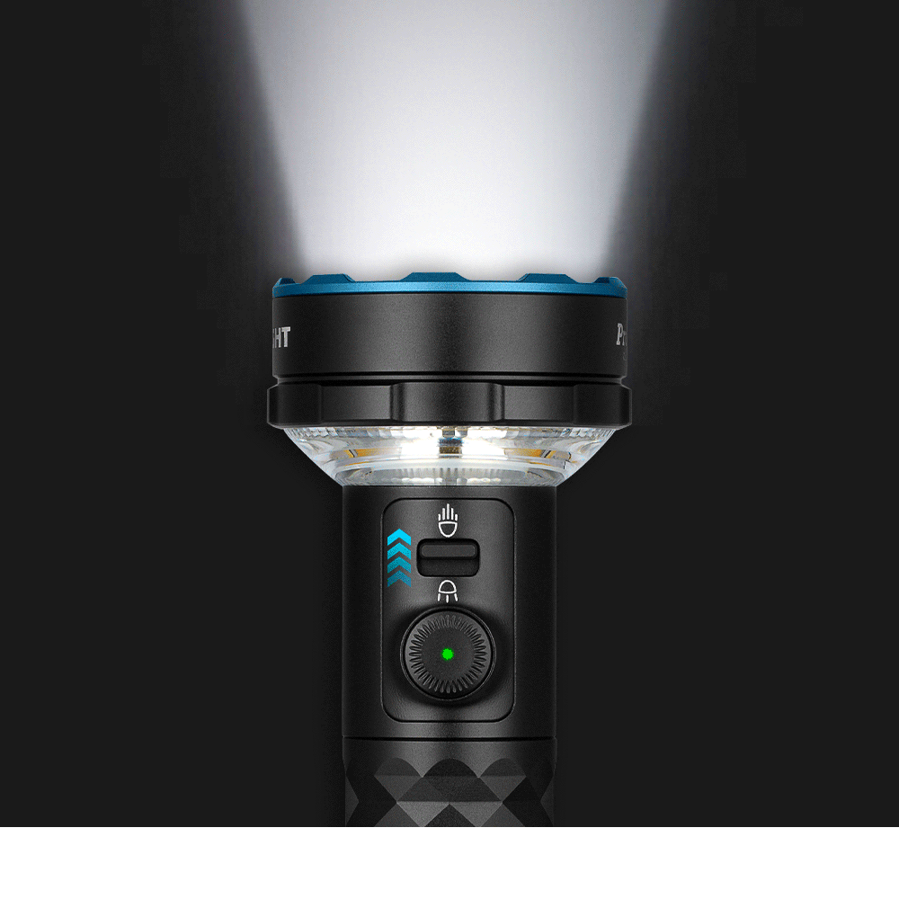 MUCITUP Olight Prowess multifunctional flashlight with bidirectional lighting, shown with adjustable beam and textured grip.
