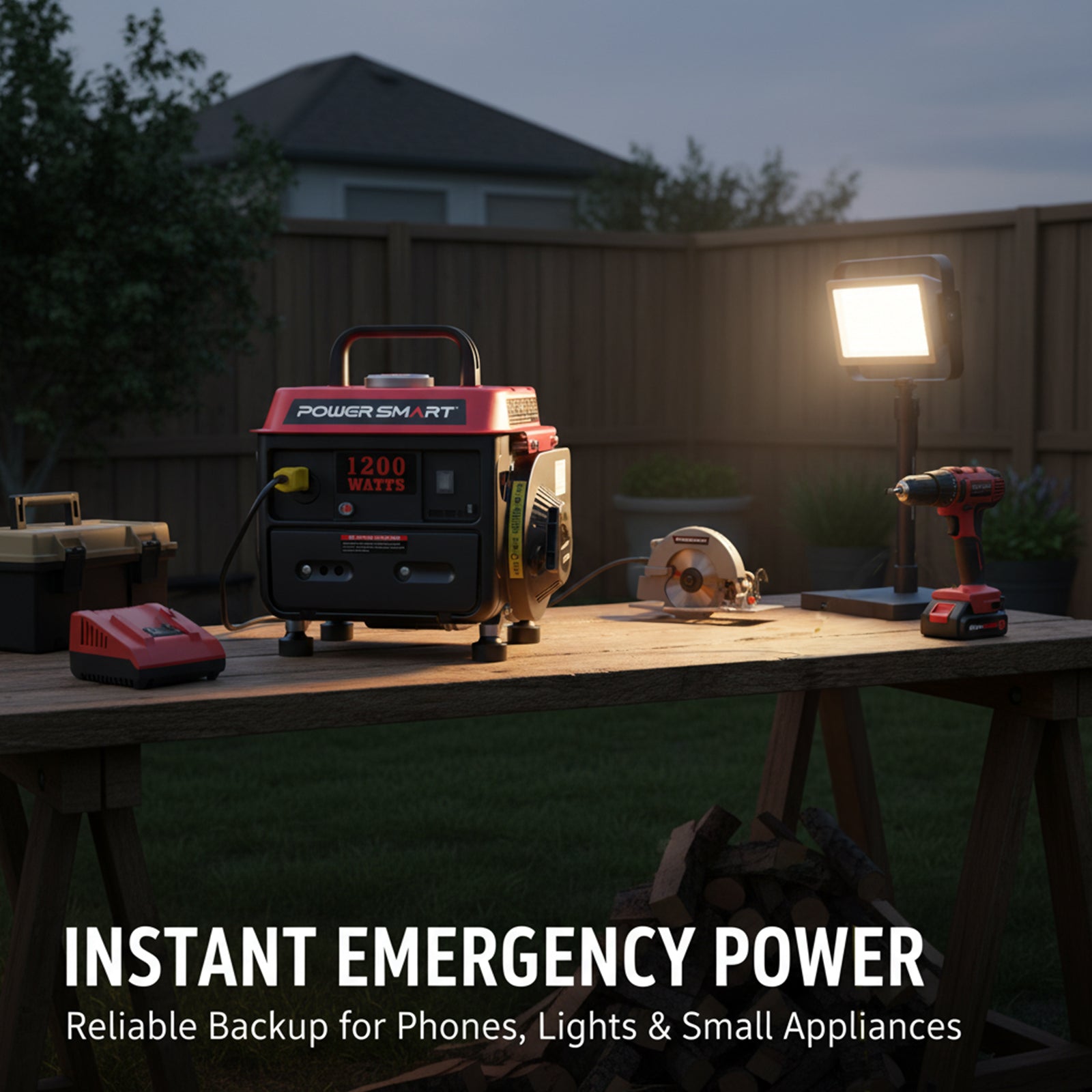 PowerSmart 1200W 2-stroke outdoor generator with compact design, ideal for worksite use, shown on a construction site.