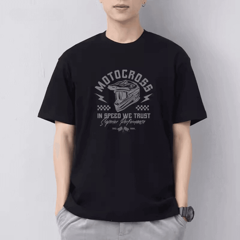 QMD™ Moto Cross T-shirt by Bean's Moto Booth, white cotton T-shirt with moto cross graphic design, front view.