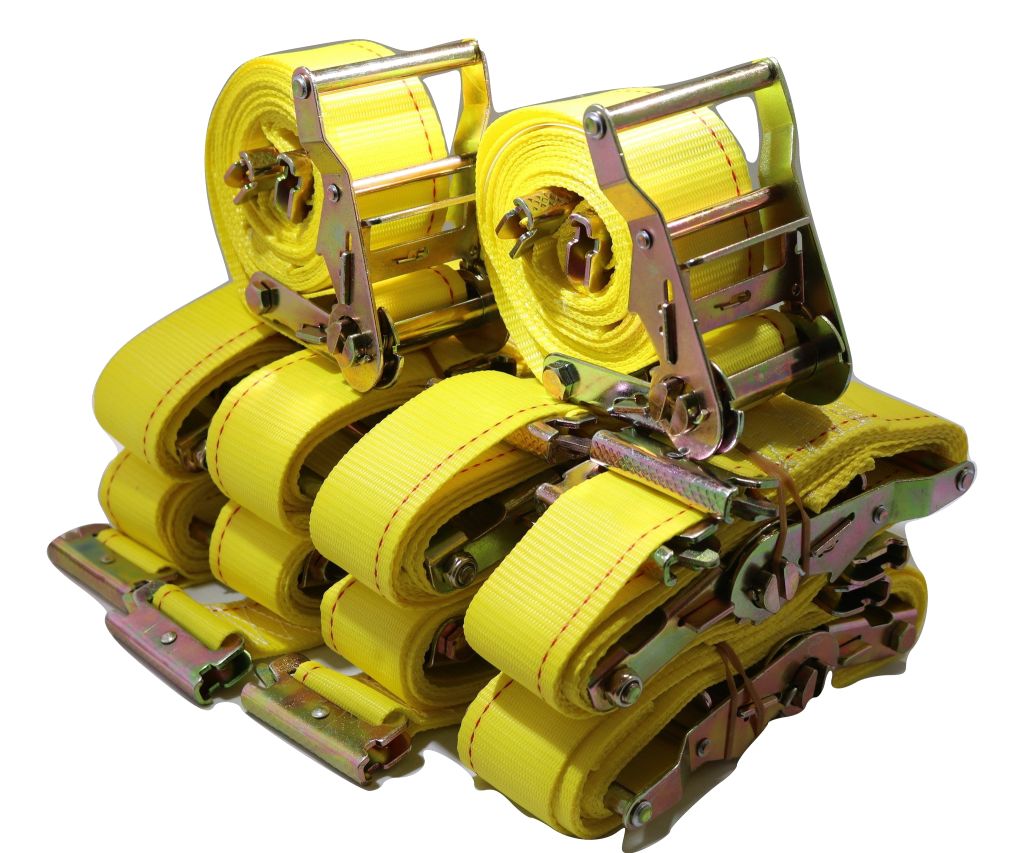 Set of 10 2"x12ft interior van ratchet E-track straps with spring fittings from RatchetStrap.Com, used for secure cargo in vans.