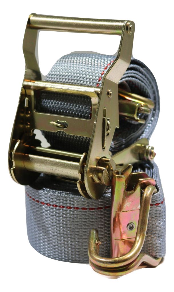 Two 16-foot RatchetStrap.Com van ratchet straps with E-track fittings, wire J-hooks, and spring connectors for interior van cargo security.