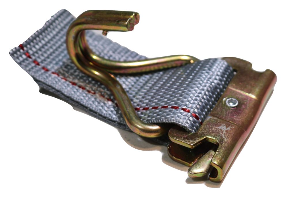 Two 16-foot RatchetStrap.Com van ratchet straps with spring fittings and wire J-hooks for interior logistics and secure transportation.