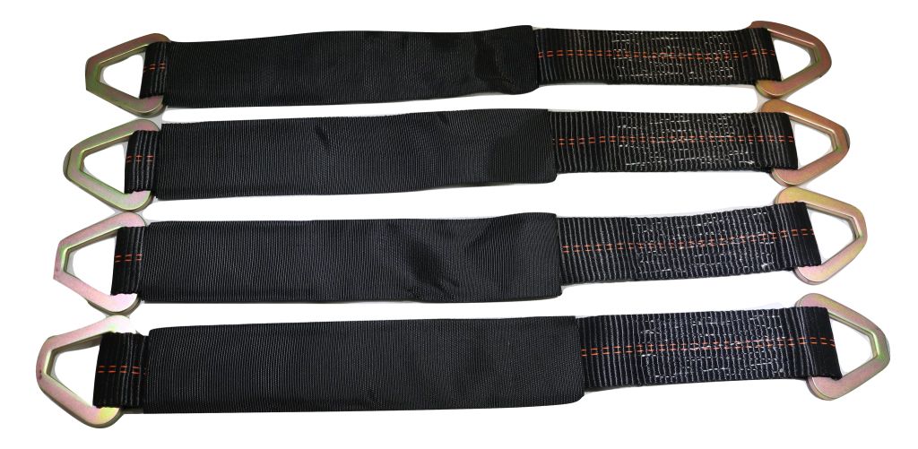 Set of four 24-inch black axle straps from RatchetStrap.Com for auto car hauler towing and tie-downs on wrecker trucks.