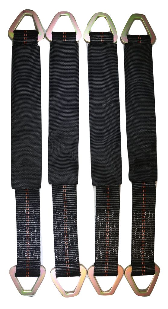 Set of four 24-inch black axle straps for auto car hauler tie downs and towing, from RatchetStrap.Com, suitable for wreckers and trailers.