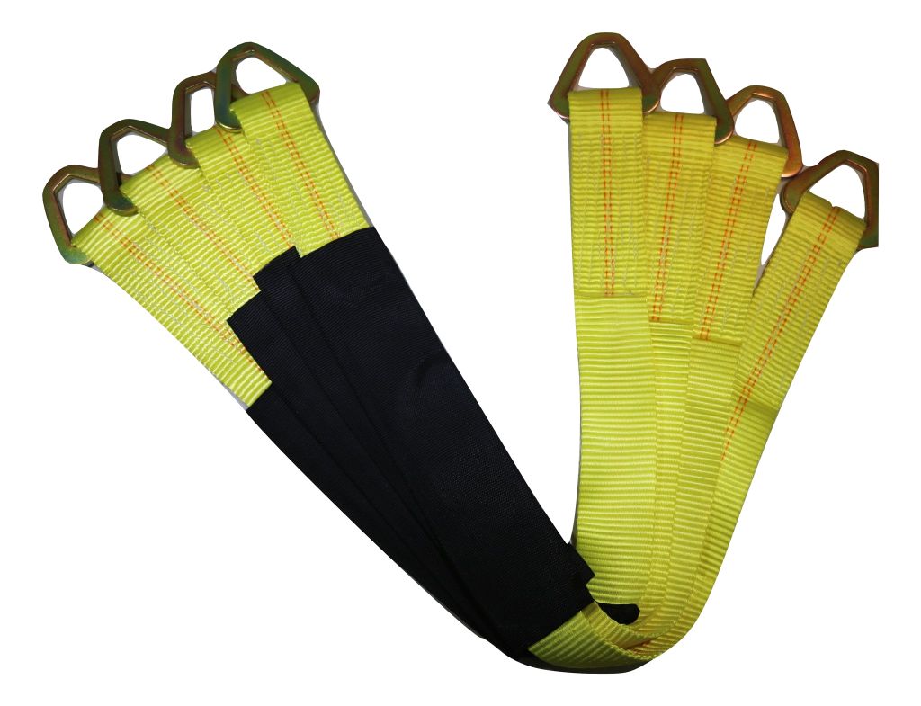 Set of four yellow 36-inch axle straps for auto car hauler tie downs and towing, by RatchetStrap.Com.
