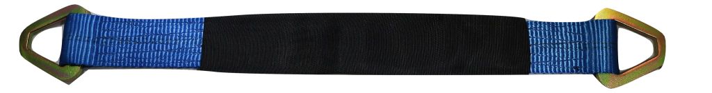 Set of four blue 24-inch axle strap tie downs with ratchet buckles for car haulers, by RatchetStrap.Com, for secure towing.