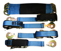 Set of four 24-inch blue axle strap tie downs with ratchet mechanisms, ideal for car haulers and towing by RatchetStrap.Com.