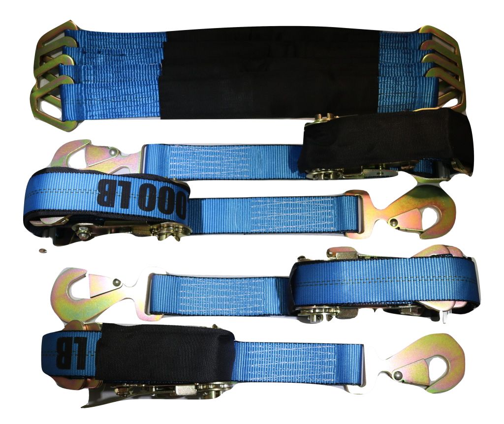 Set of four 24-inch blue axle strap tie downs with ratchet mechanisms, ideal for car haulers and towing by RatchetStrap.Com.