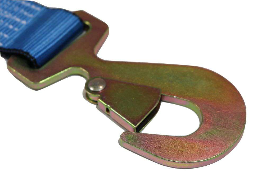 Set of four 24-inch blue axle strap tie downs with ratchets for car haulers, durable towing straps by RatchetStrap.Com.