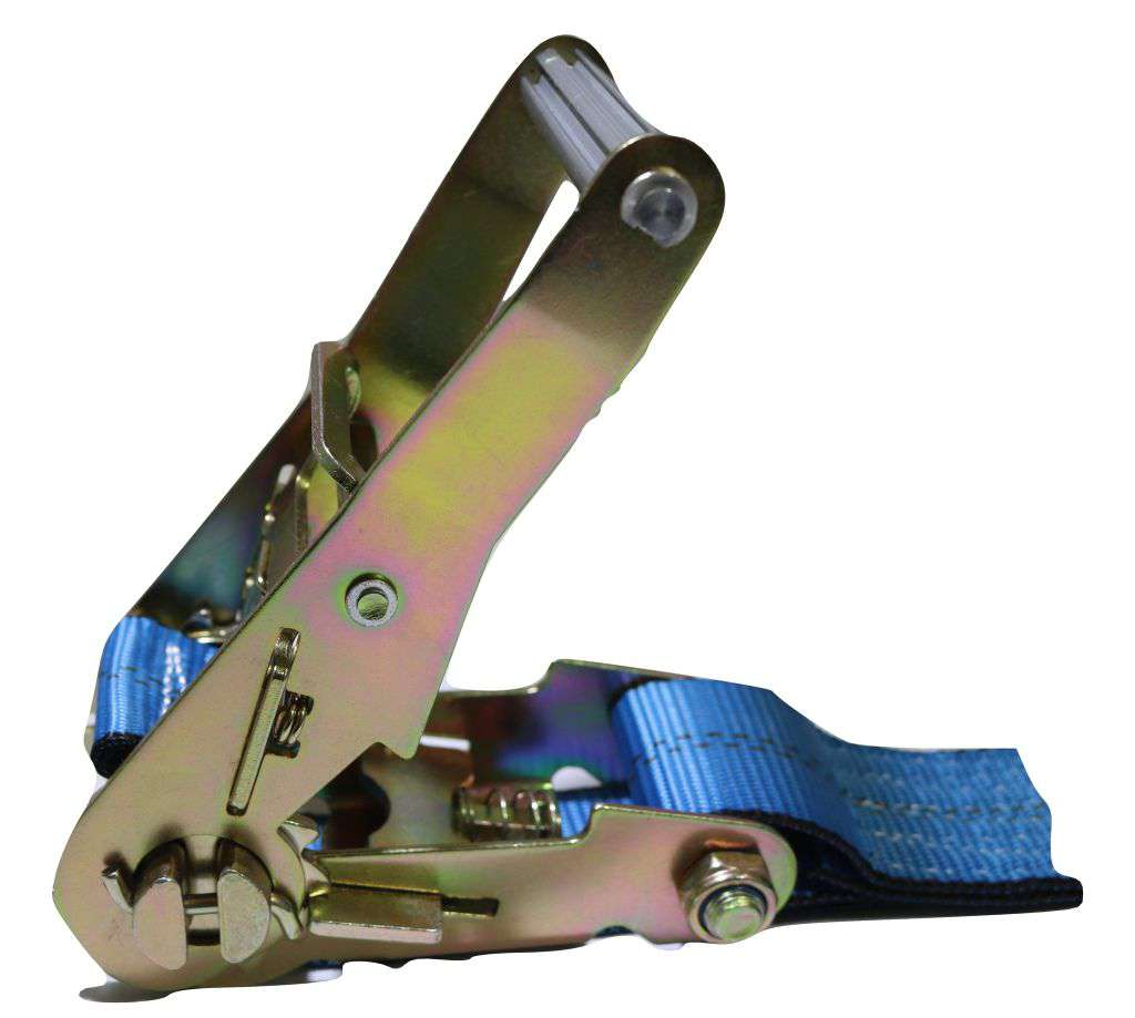 Set of four 24-inch blue axle strap tie downs with ratchets for car haulers and towing, by RatchetStrap.Com.