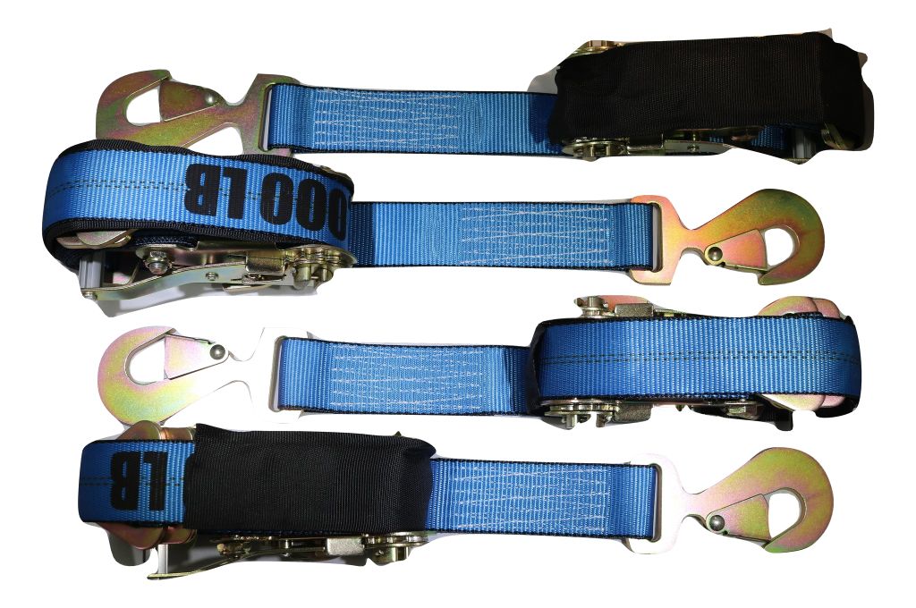 Four blue 24-inch ratchet axle strap tie downs for car haulers, Towing from RatchetStrap.Com, shown on a white background.