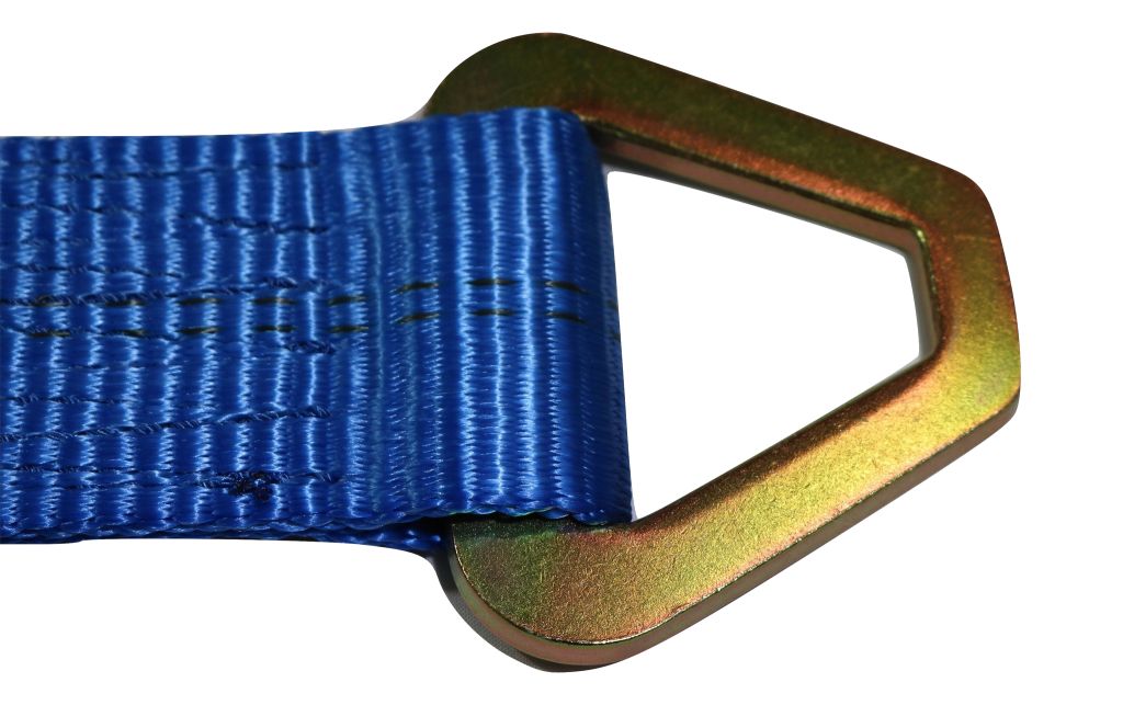Set of four blue 24-inch ratchet axle strap tie downs for car haulers, with metal ratchets, from RatchetStrap.Com.