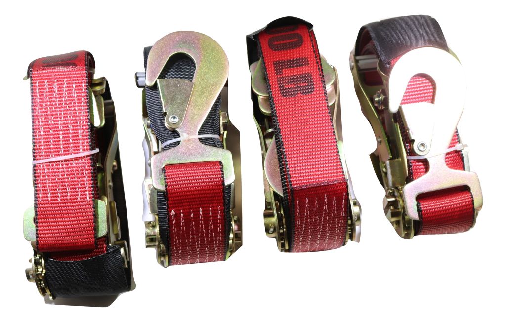 Four red 24-inch axle strap tie downs and ratchet tow straps for car haulers, designed for secure towing and transportation.