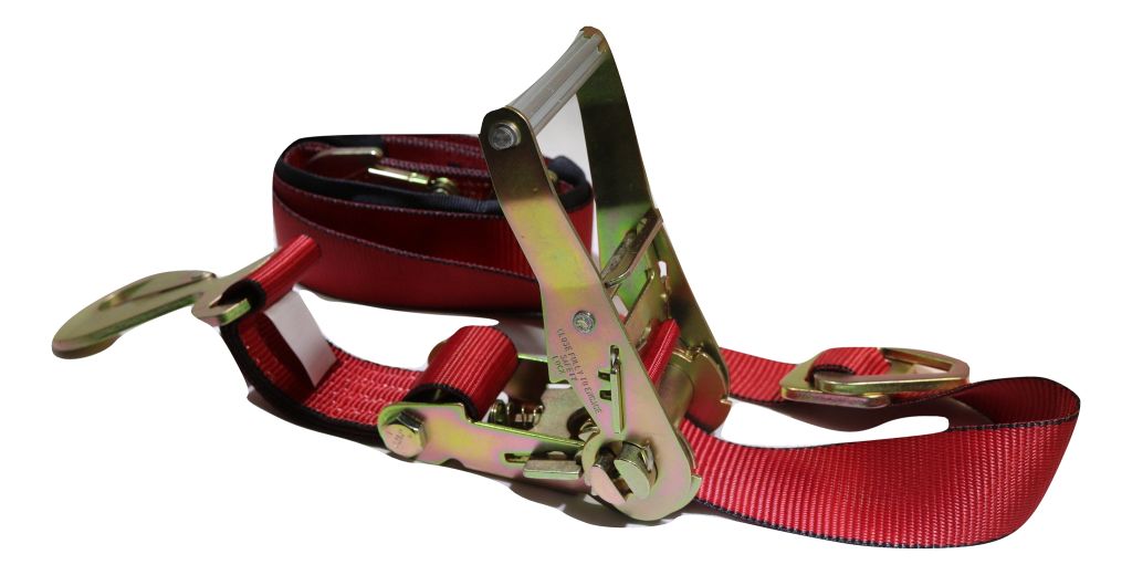 Four red 24-inch axle strap tie downs with ratchet covers for car haulers, used for secure towing and cargo transport.