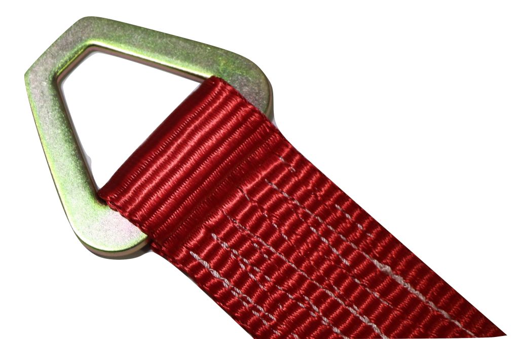 Set of four red 24-inch axle strap tie downs with ratchet mechanisms for car haulers, from RatchetStrap.Com.
