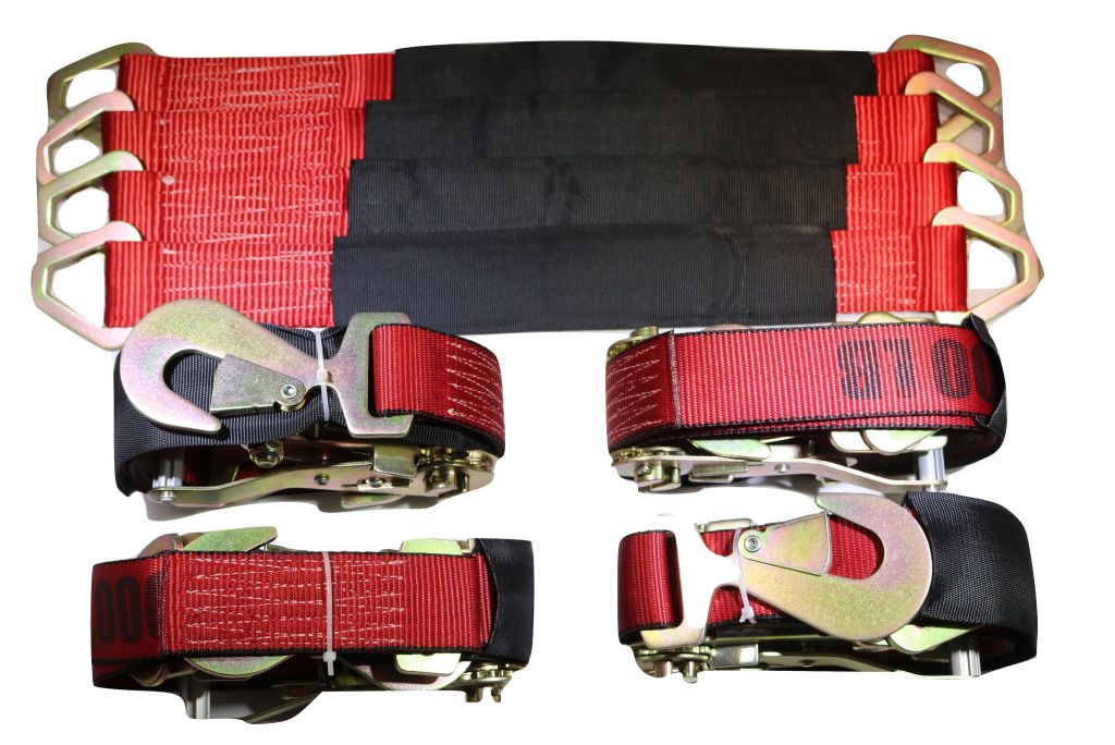 Set of four 24-inch red axle strap tie-downs with ratchet mechanisms for towing and car hauler use by RatchetStrap.Com