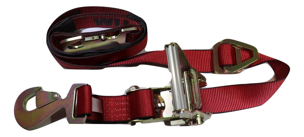 Set of four 24-inch red axle strap tie downs and ratchet tow straps for car haulers, durable towing equipment by RatchetStrap.Com.