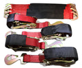 Set of four 24-inch red axle strap tie-downs with ratchet mechanisms for car haulers and towing by RatchetStrap.Com