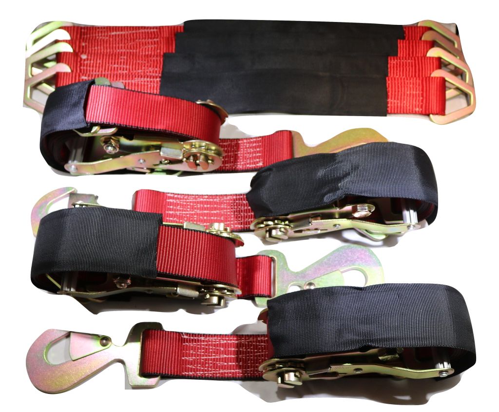 Set of four 24-inch red axle strap tie-downs with ratchet mechanisms for car haulers and towing by RatchetStrap.Com