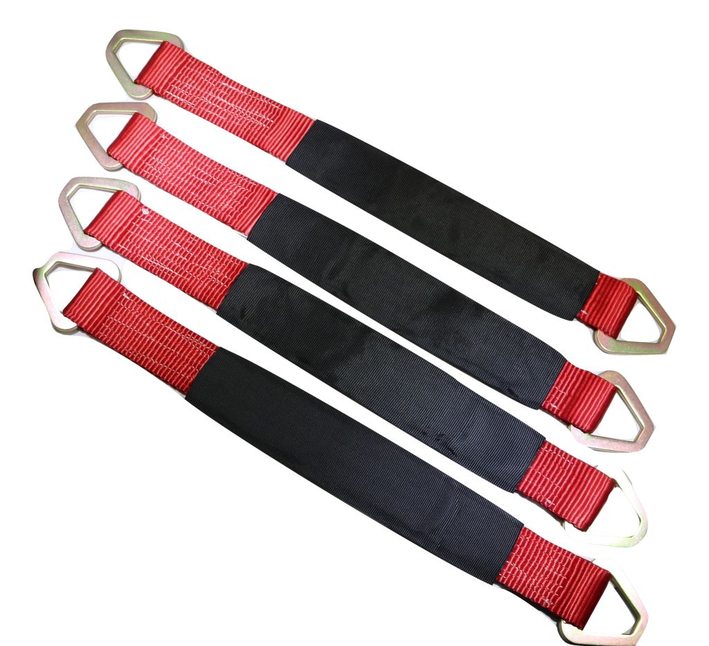 Set of four 24-inch red axle strap tie downs and ratchet tow straps by RatchetStrap.Com for car haulers and towing.