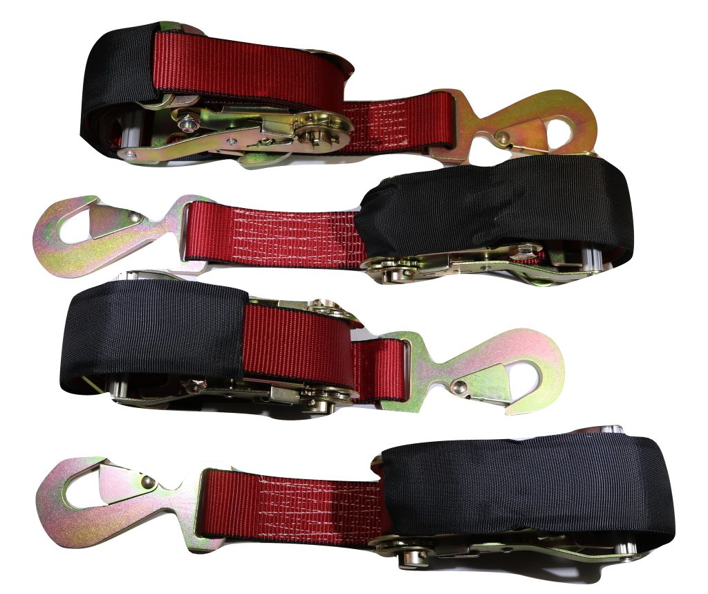 Set of four 24-inch red axle strap tie downs and ratchet tow straps for car haulers, from RatchetStrap.Com, suitable for towing.