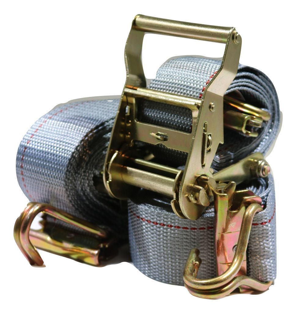 Set of 8 2" x 16 ft van ratchet straps with E-track fittings, spring clips, and wire J-hooks for interior vehicle cargo securement.