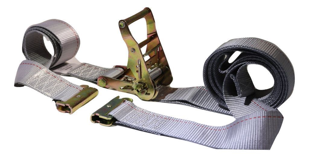 Set of eight 2x16 ft ratchet E-track straps with spring fittings for interior van cargo securement by RatchetStrap.com