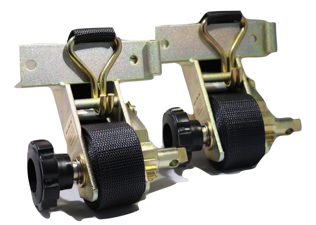 Eight contractor ladder rack ratchet straps from RatchetStrap.com, showing secure fastening hooks and adjustable straps for cargo.